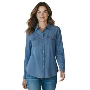 Old Navy Women's Chambray Button Up Shirt S Blue Long Sleeve 100% Cotton Classic